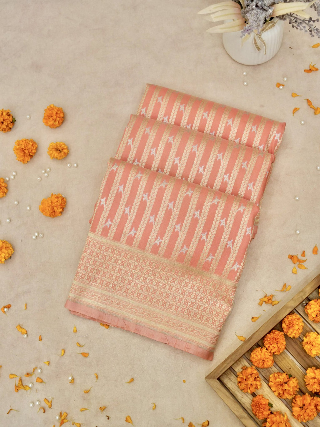 Katan Silk Saree Peach Stripes